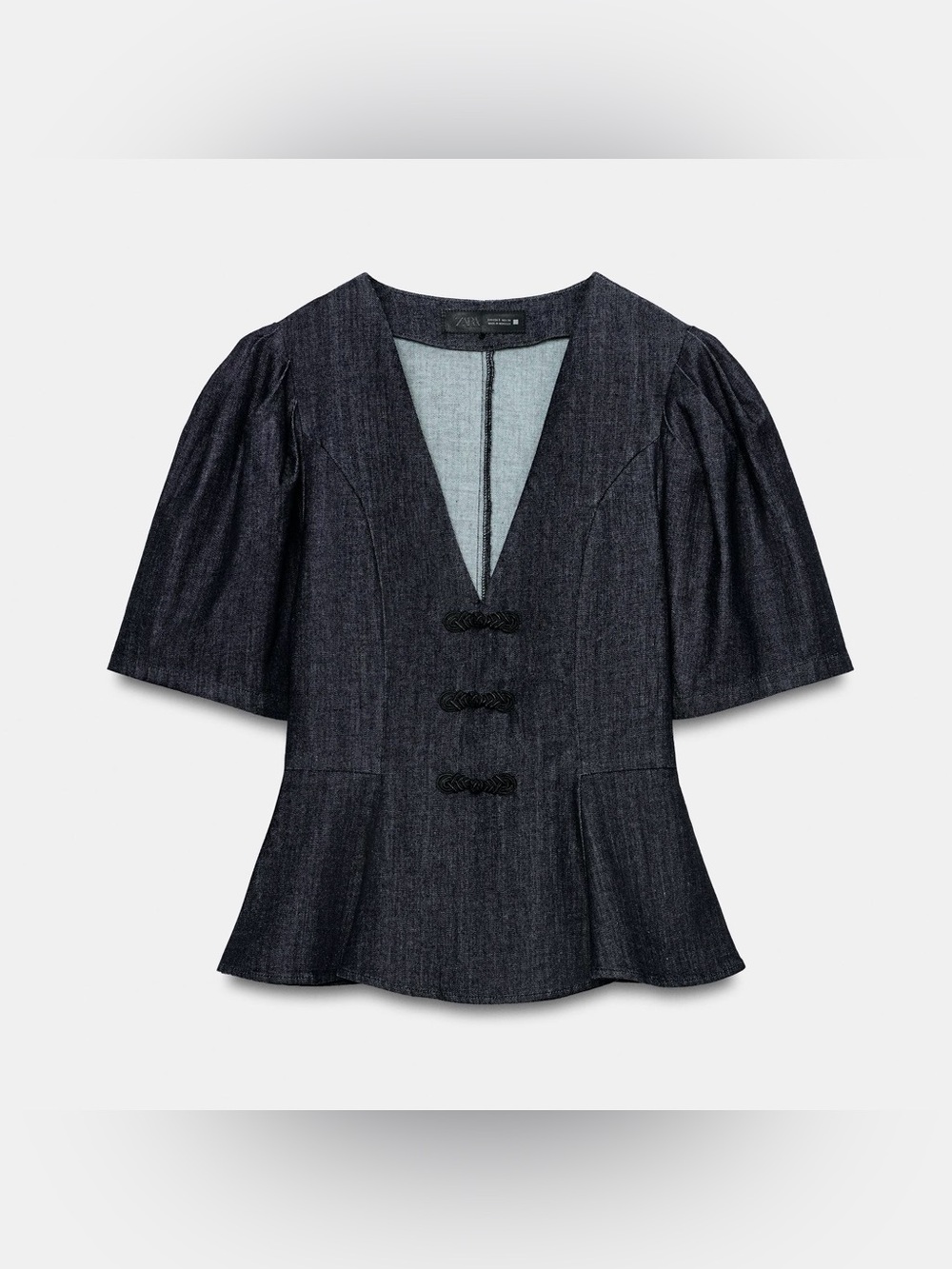 Zara Women’s Dark Blue Denim V Neck Peplum Top with Frog Closures - Size Small